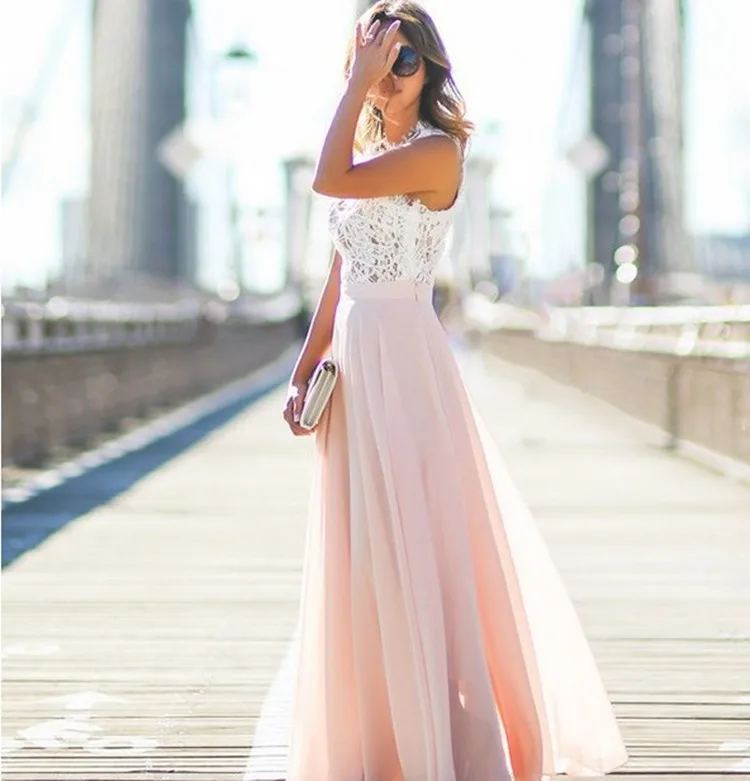 2020 Europ-American New Lace Stitching Chiffon Long Dresses Sexy Sleeveless Vintage Evening Dress Skirt
2020 Europ-American New Lace Stitching Chiffon Long Dresses Sexy Sleeveless Vintage Evening Dress Skirt
