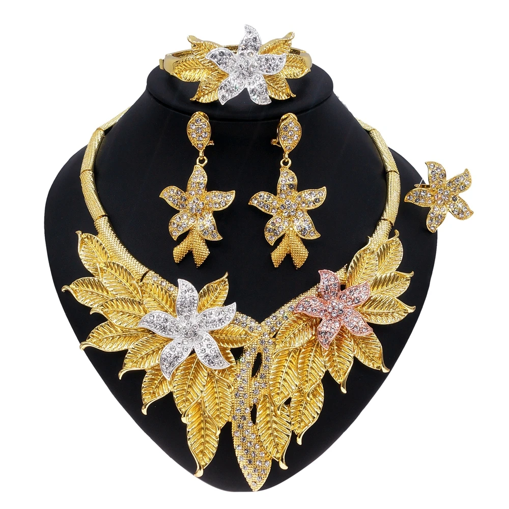 

Yulaili Fashion Crystal Flower Necklace Earrings Bracelet Ring Jewelry Sets For Women Nigerian Wedding Dubai Bridal Jewelery Set