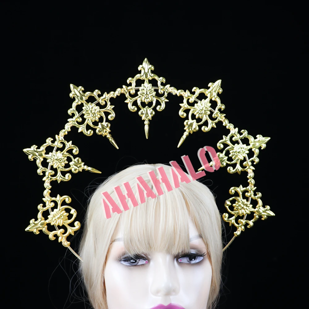 

Gothic Lolita Sun Goddess Queen Gold Halo Crown Headpiece KC Headband Vintage Mary Baroque Tiara Headwear Hair Accessories