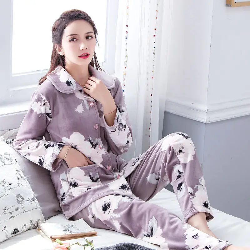 

Thicken Flannel Flower Pajamas for women 2020 New pyjamas lovely Sleepwear Coral Fleece Nightgowns Pijama Mujer