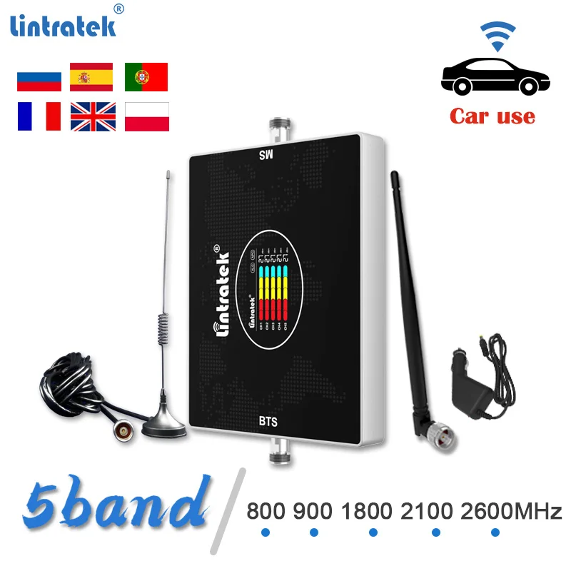 

Lintratek 5 band Car Use Signal Booster 800 900 1800 2100 2600 GSM 2g 3g 4g DCS LTE Cellular Mobile Phone Amplifier Repeater Kit