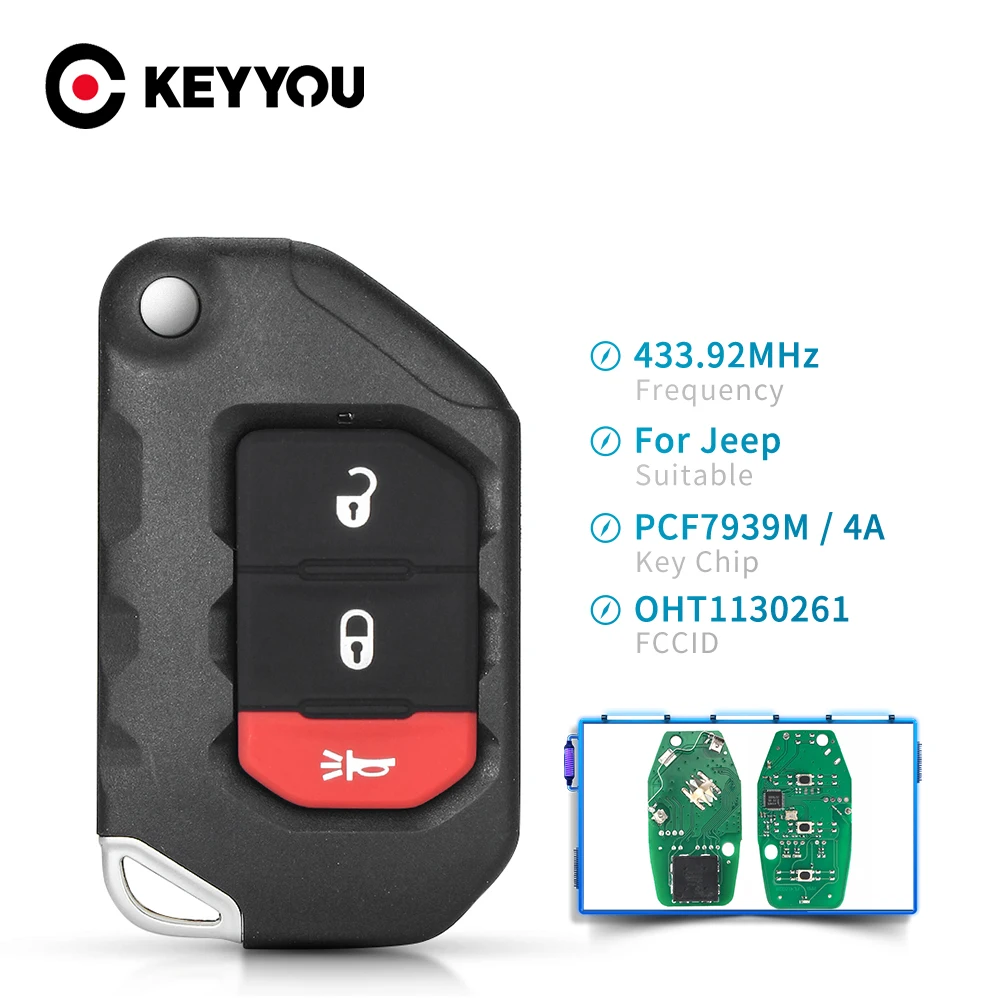 

KEYYOU OHT1130261 3/ 4 Buttons For Jeep Remote Car Key ASK 433MHz PCF7939M 4A Chip For Jeep Wrangler Gladiator 2018 2019 2020
