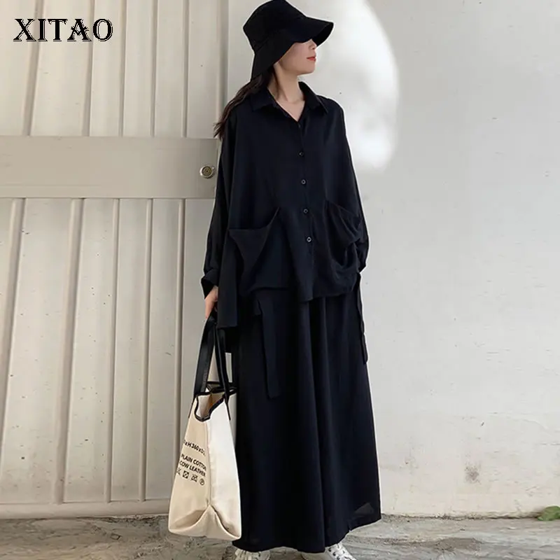XITAO Two Pieces Set Women Black Single Breasted Full Sleeve Pocket Top Pleated Elastic Waist Length Pants 2020 DMY3409 | Женская одежда