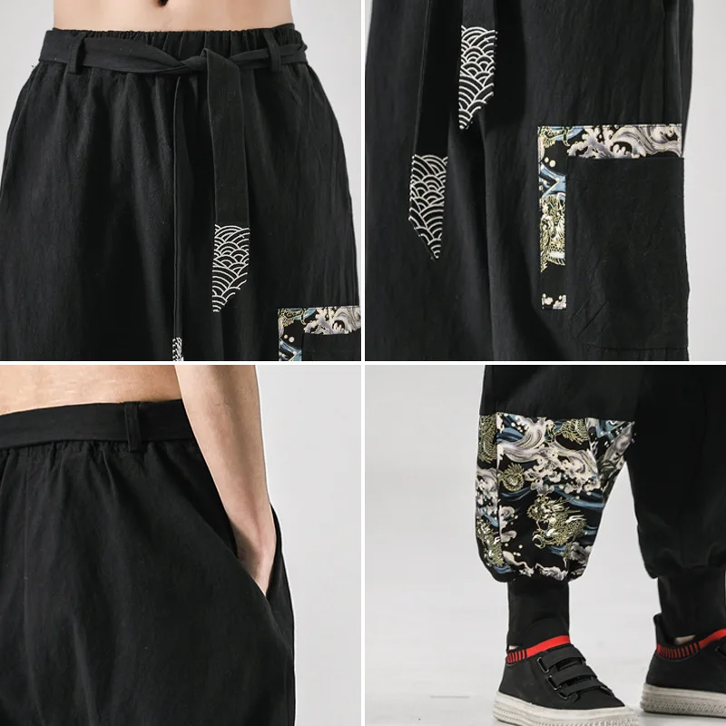 Chinese Style Mens Cotton Linen Harem Pants Samurai Costume Ukiyo-e Print Belt Retro Haori Baggy Trousers Harajuku Hip Hop Pants
Chinese Style Mens Cotton Linen Harem Pants Samurai Costume Ukiyo-e Print Belt Retro Haori Baggy Trousers Harajuku Hip Hop Pants