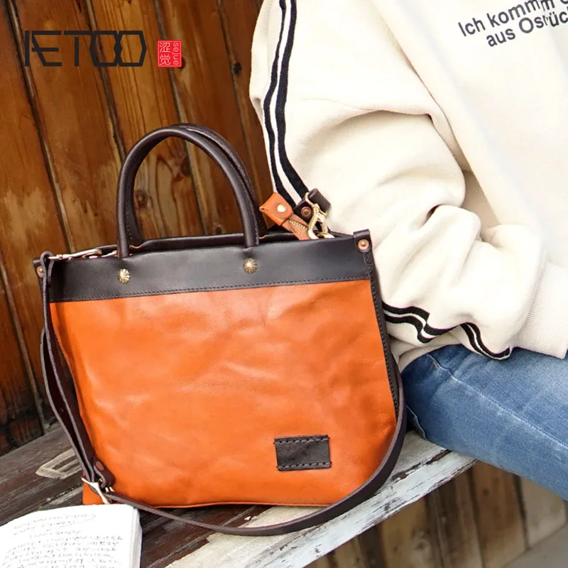 

AETOO British retro handmade cowhide leather one shoulder diagonal back handbag casual computer bag hit color IPAD ladies and