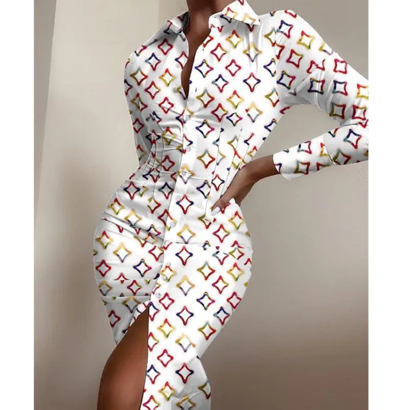 Women Autumn Sexy Bodycon Office Lady Dress Bodycon Button Long Sleeve Split Striped Chain Letter Print Lapel Midi Dresses Robe
Women Autumn Sexy Bodycon Office Lady Dress Bodycon Button Long Sleeve Split Striped Chain Letter Print Lapel Midi Dresses Robe