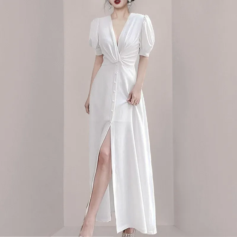 Elegant Chic Single-Breasted Women Long Dress Puff Sleeve Female Sexy Split Dress Vestidos 2022 New Fashion Summer Dresses
Elegant Chic Single-Breasted Women Long Dress Puff Sleeve Female Sexy Split Dress Vestidos 2022 New Fashion Summer Dresses