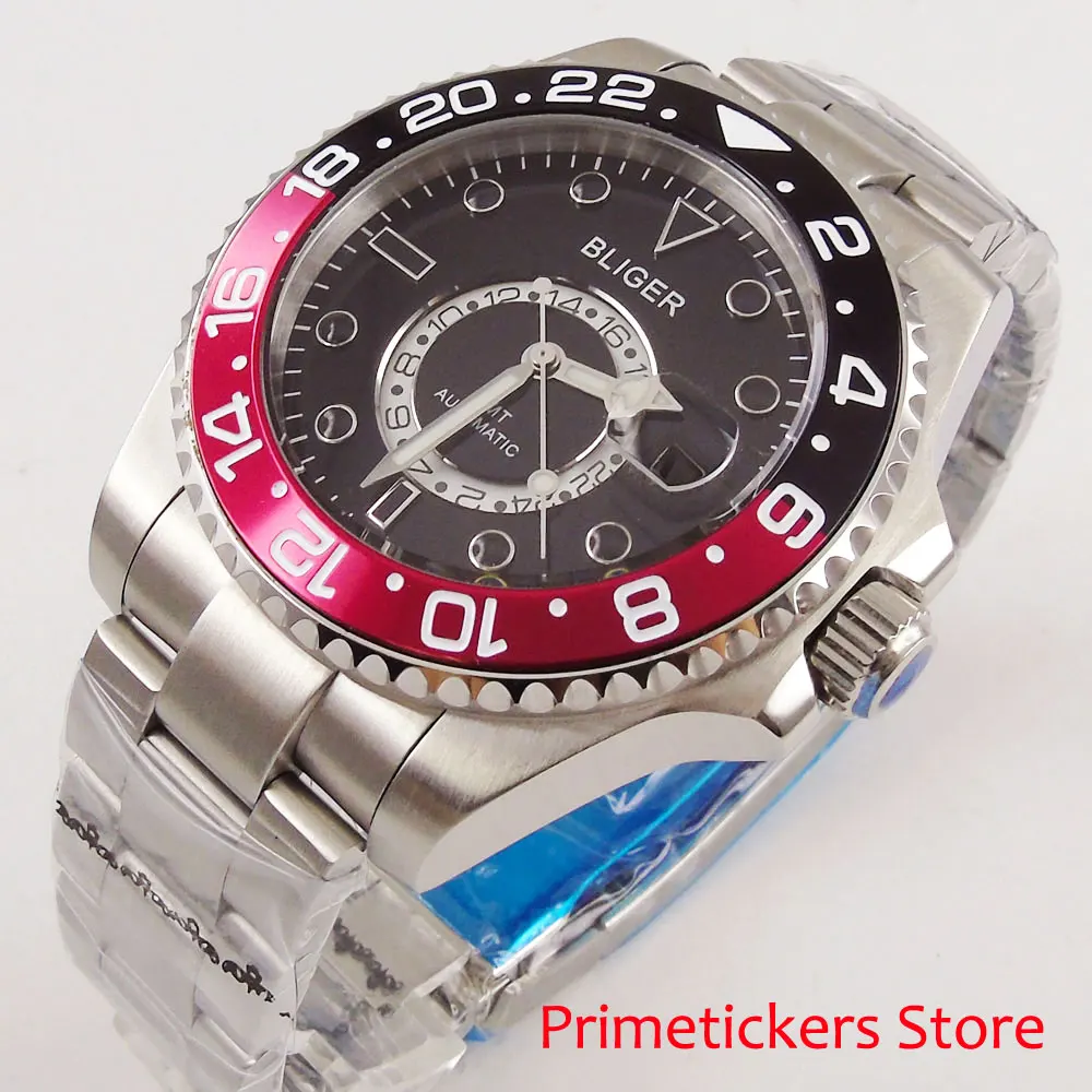 Red black bezel black dial 43mm BLIGER GMT sappphire glass date stainless steel bracelet automatic men's watch
Red black bezel black dial 43mm BLIGER GMT sappphire glass date stainless steel bracelet automatic men's watch
