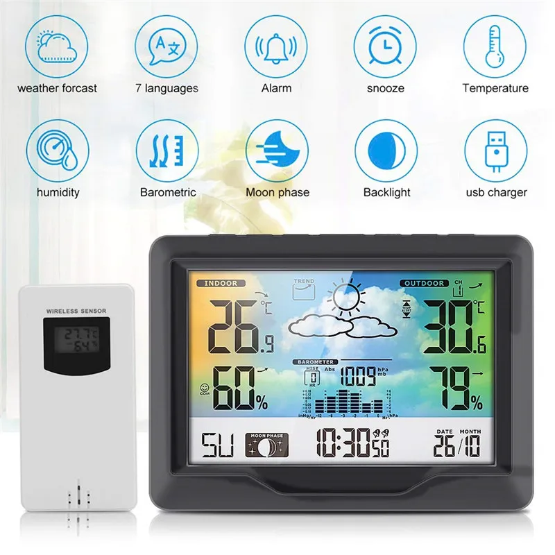 

Weather Station Wireless Indoor Outdoor Sensor with Alert Thermometer Hygrometer Home Digital Alarm Clock Barometer Forecast