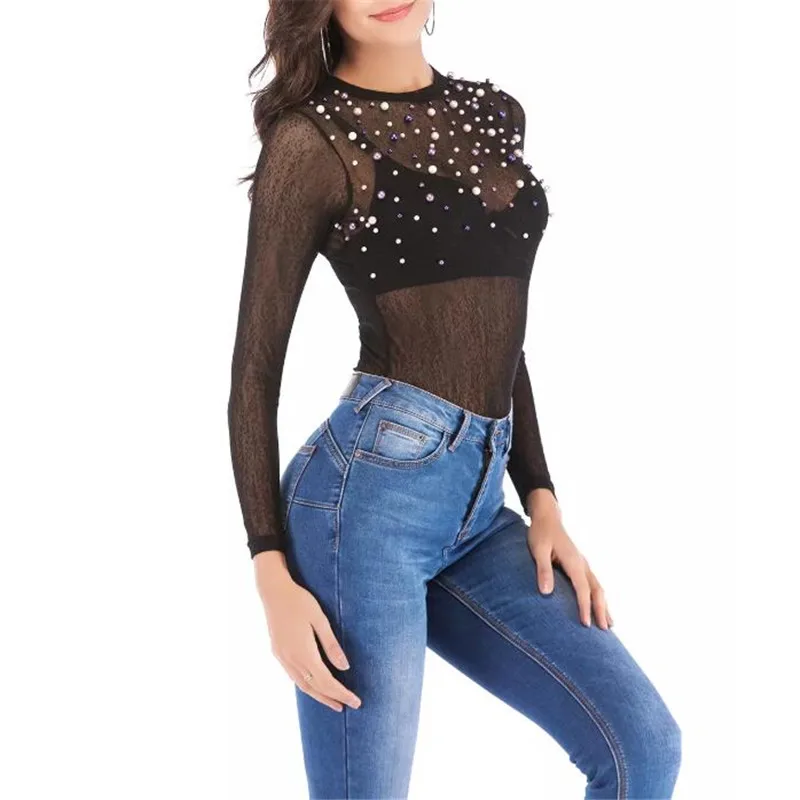 Fashion Womens Long Sleeves Bead Mesh Bodysuit Sexy New Casual See Through Vintage One-piece Jumpsuits Perspective Bodysuit Tops
Fashion Womens Long Sleeves Bead Mesh Bodysuit Sexy New Casual See Through Vintage One-piece Jumpsuits Perspective Bodysuit Tops