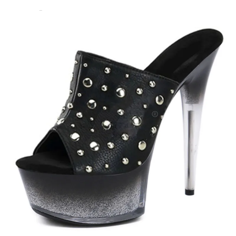 

Models Stage Show Gothic 15CM Pleated Rivet Slippers Women Sexy High Heels Platform 6 inches Mature Punk Fetish Cross dressing