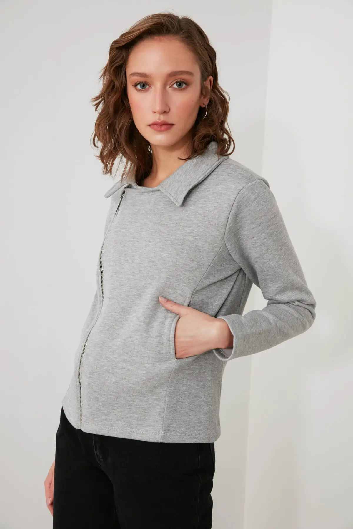 Trendyol Zipper Sheer Neckline Knitted Sweatshirt TWOAW21SW1423