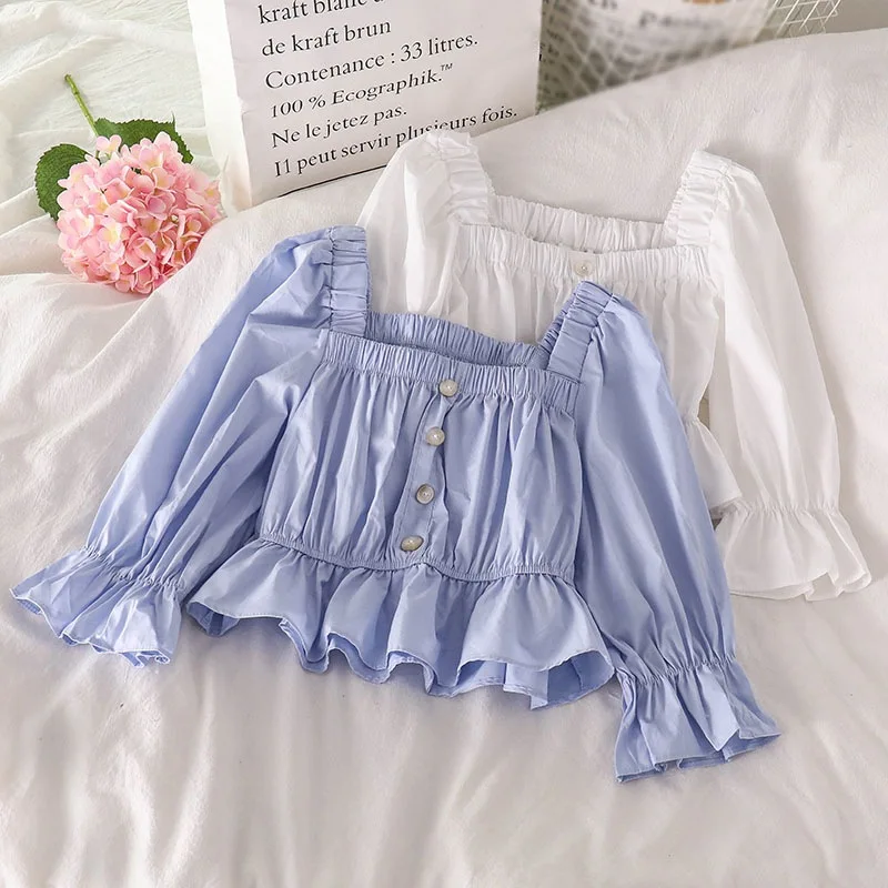 Sweet Ruffled Square Collar Off Shoulder Blouses Women Folds Waist Short Shirts Female Cute Cozy Blusas Soft Femme Ropa Mujer
Sweet Ruffled Square Collar Off Shoulder Blouses Women Folds Waist Short Shirts Female Cute Cozy Blusas Soft Femme Ropa Mujer