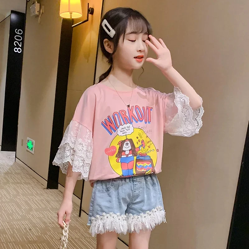 Kids Summer Clothes Set for Girl Lace printed T-shirt And Ripped Jeans Children Outfits 2021 New Fashion Girls Clothing Suits 
Kids Summer Clothes Set for Girl Lace printed T-shirt And Ripped Jeans Children Outfits 2021 New Fashion Girls Clothing Suits