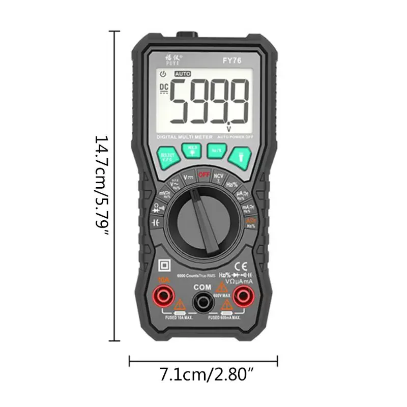 FY76 Digital Multimeter Backlight Auto Ranging AC/DC Voltage Transistor Meter
FY76 Digital Multimeter Backlight Auto Ranging AC/DC Voltage Transistor Meter