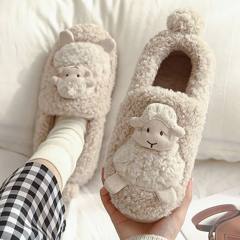 

WDZKN Fashion Women Home Cotton Shoes Winter Slip On Slippers Cute Sheep Faux Fur Indoor Warm Slippers Couples Floor Slides