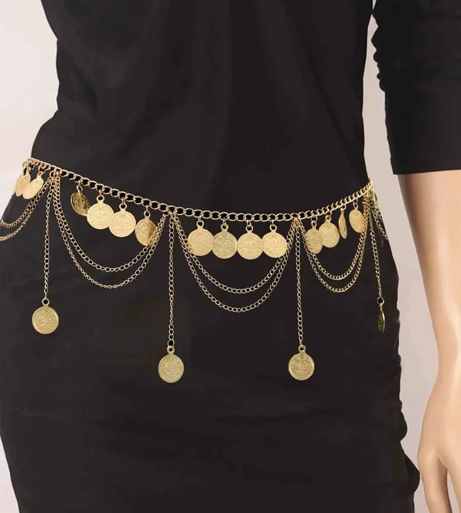 

Gypsy Tribal Vintage Gold Color Metal Coin Tassel Waist Belly Chain for Women Indian Dance Afghan Ethnic Dress Belt Body Jewelry