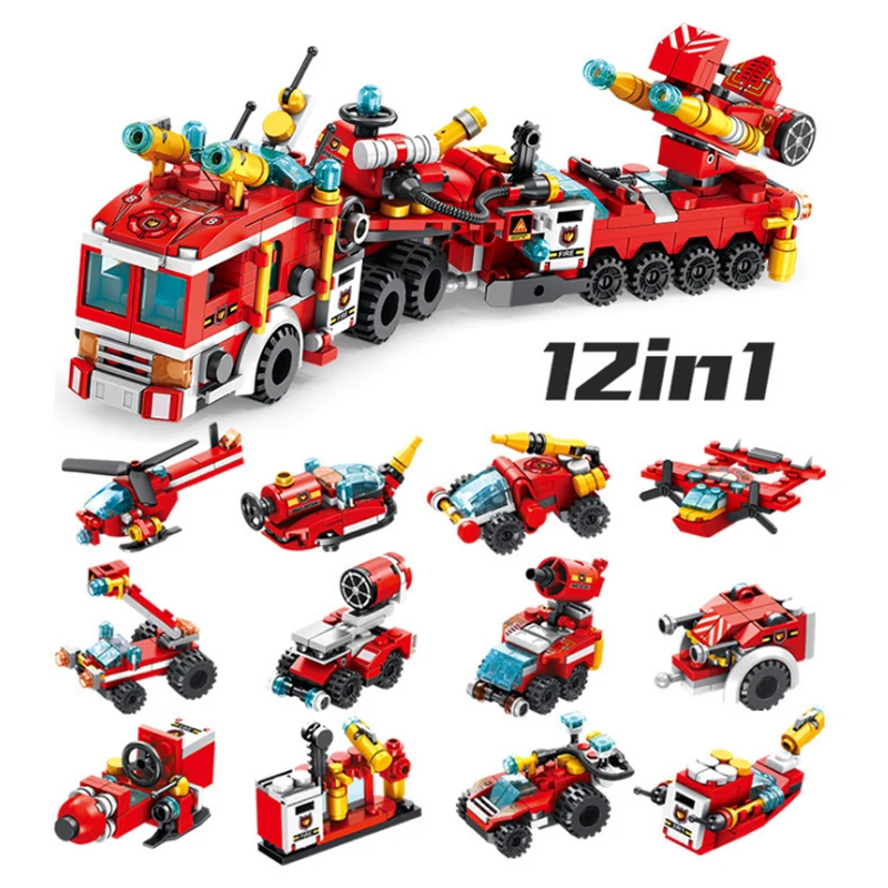 

557pcs Fire Fighting 12in1 Trucks By Car Helicopter Building Blocks City Firefighter Enlighten Bricks Children Toy Gift