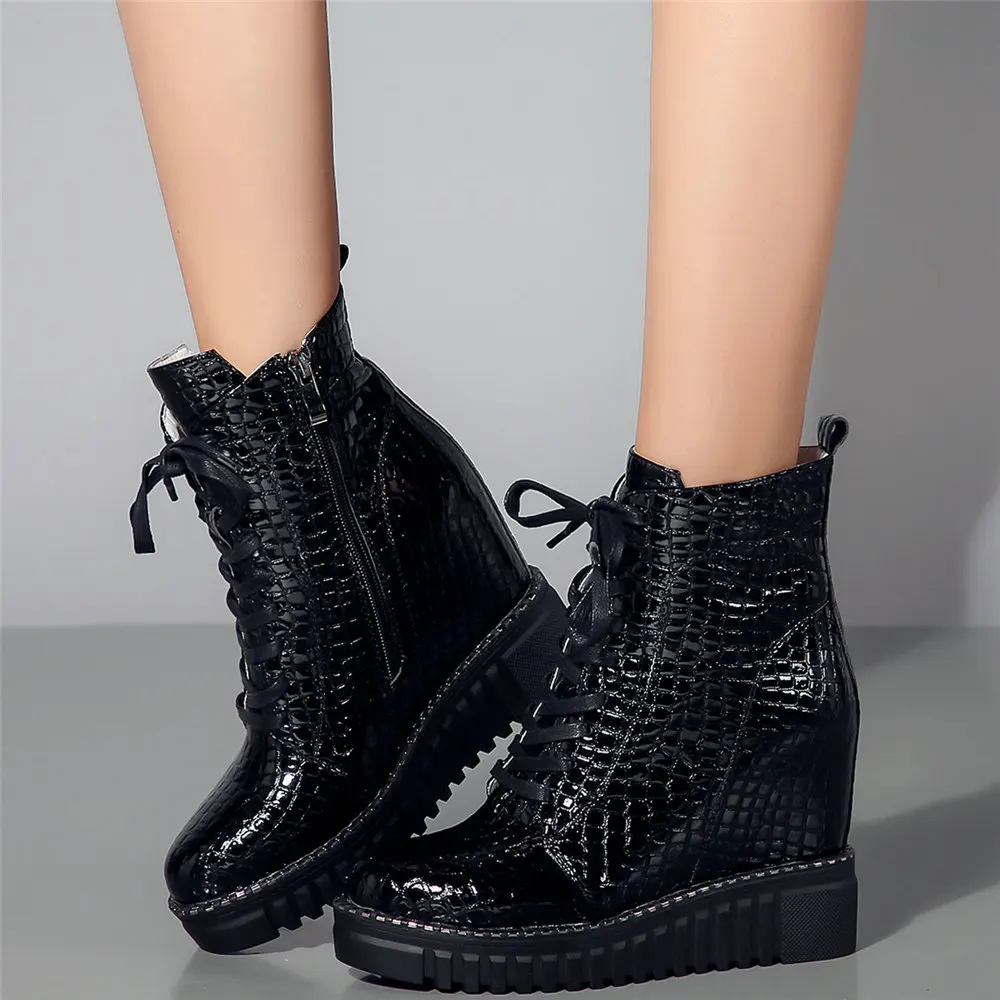 

High Top Fashion Sneakers Women Lace Up Cow Leather Wedges High Heel Ankle Boots Female Round Toe Platform Oxfords Casual Shoes