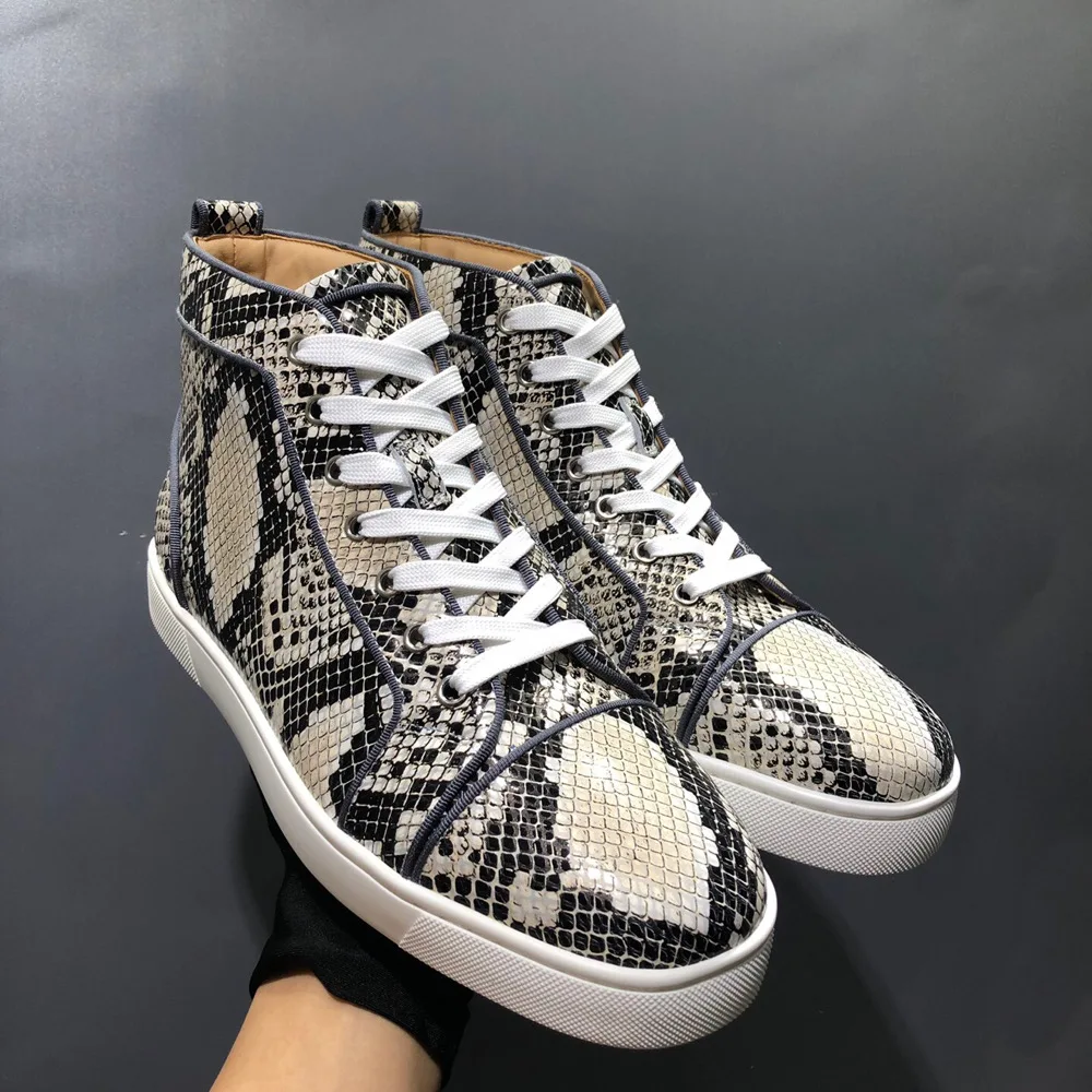 Luxury High Top Red Bottom Shoes Men New Python Snake Pattern Genuine Leather Fashion Ladies Casual Flats Shoes Sports Loafers
Luxury High Top Red Bottom Shoes Men New Python Snake Pattern Genuine Leather Fashion Ladies Casual Flats Shoes Sports Loafers