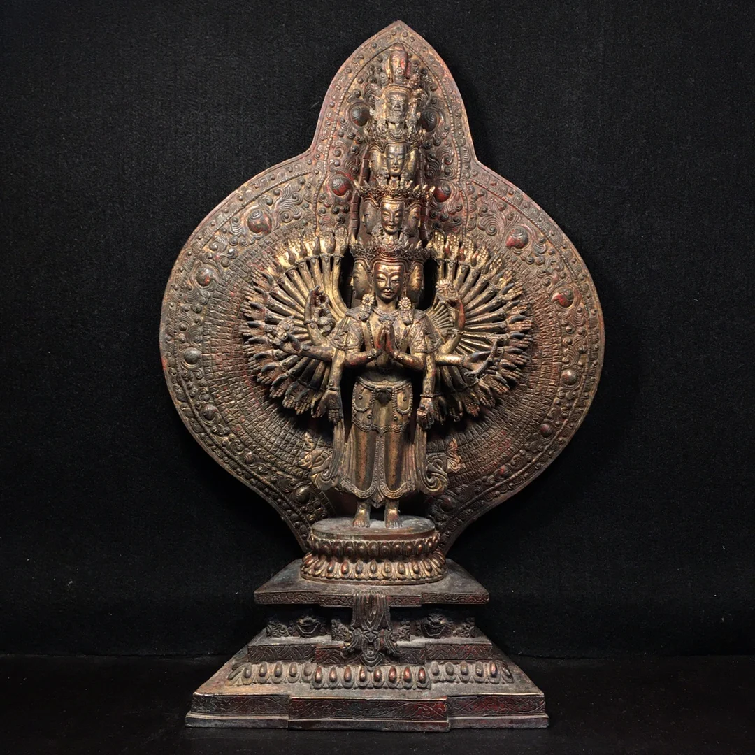 19"Chinese Folk Collection Old Bronze Cinnabar Lacquer Thousand Hands Guanyin Bodhisattva Back light Standing Buddha
19"Chinese Folk Collection Old Bronze Cinnabar Lacquer Thousand Hands Guanyin Bodhisattva Back light Standing Buddha