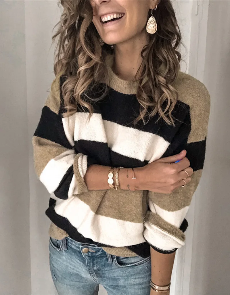 Women Sweater O-Neck Long Sleeve Pullovers Loose Sweater Contrast Stripe Knitted Casual Women's Sweaters Autumn Winter
Women Sweater O-Neck Long Sleeve Pullovers Loose Sweater Contrast Stripe Knitted Casual Women's Sweaters Autumn Winter