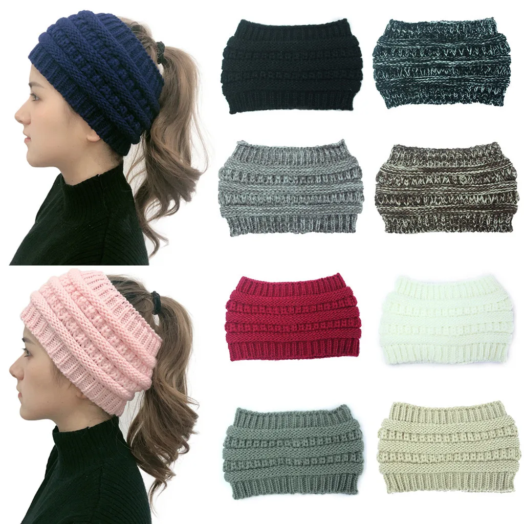 

Women Winter Warm Hat Fashion Outdoor Solid Splice Crochet Knit Holey Cap Soild Color Beanie Headband Sports Hat