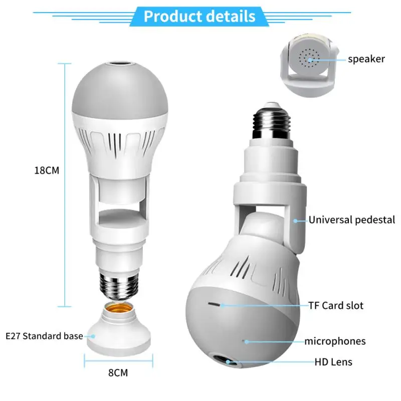 HD 360 Panoramic Wifi 1080P IP Camera Light Bulb Home Security Video Camera Wireless CCTV Surveillance Fisheye Network
HD 360 Panoramic Wifi 1080P IP Camera Light Bulb Home Security Video Camera Wireless CCTV Surveillance Fisheye Network