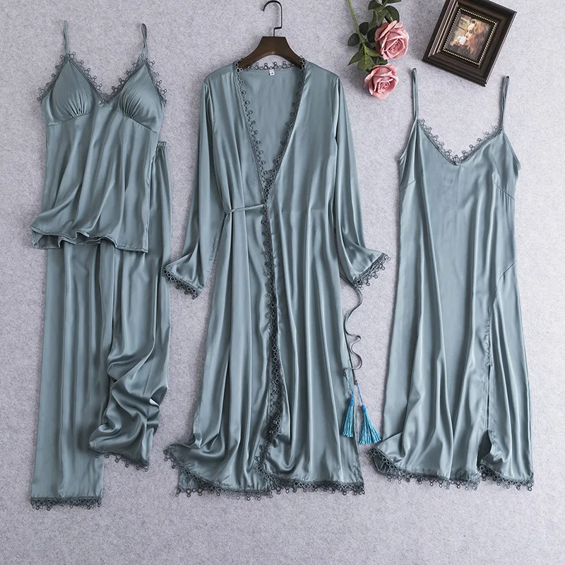 4PCS Pajamas Suit Women Satin Nightwear Summer Kimono Robe Gown Suit With Breast Pads Sleepwear Lingerie V-Neck Lounge Wear
4PCS Pajamas Suit Women Satin Nightwear Summer Kimono Robe Gown Suit With Breast Pads Sleepwear Lingerie V-Neck Lounge Wear