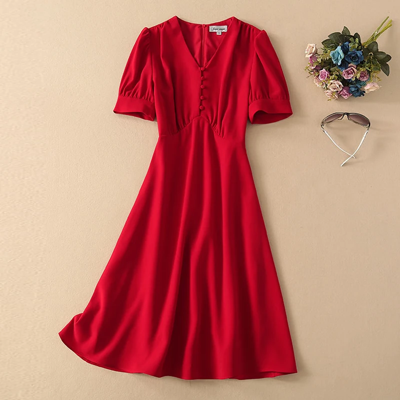 Summer Runway Short Sleeve New Women'S Party Casual Sexy Elegant Chic V-Neck Button Red Dress
Summer Runway Short Sleeve New Women'S Party Casual Sexy Elegant Chic V-Neck Button Red Dress
