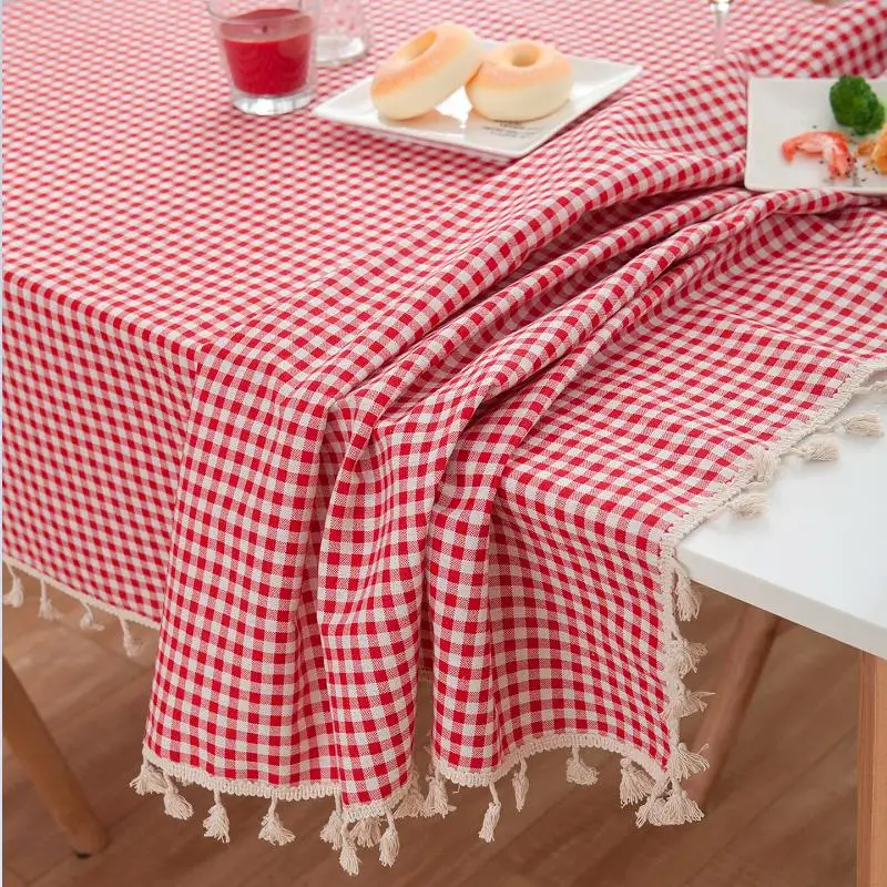 

Toalha de mesa xadrez vermelha, toalha de mesa retangular de algodão com borla para decoração de casa, cozinha e casamento