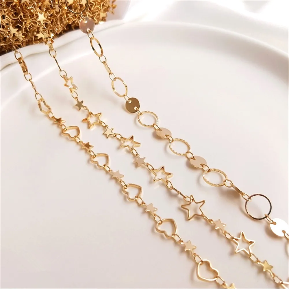 14K Gold Filled Plated Copper hand chain five star heart shape circle loose chain DIY anklet bracelet material
14K Gold Filled Plated Copper hand chain five star heart shape circle loose chain DIY anklet bracelet material