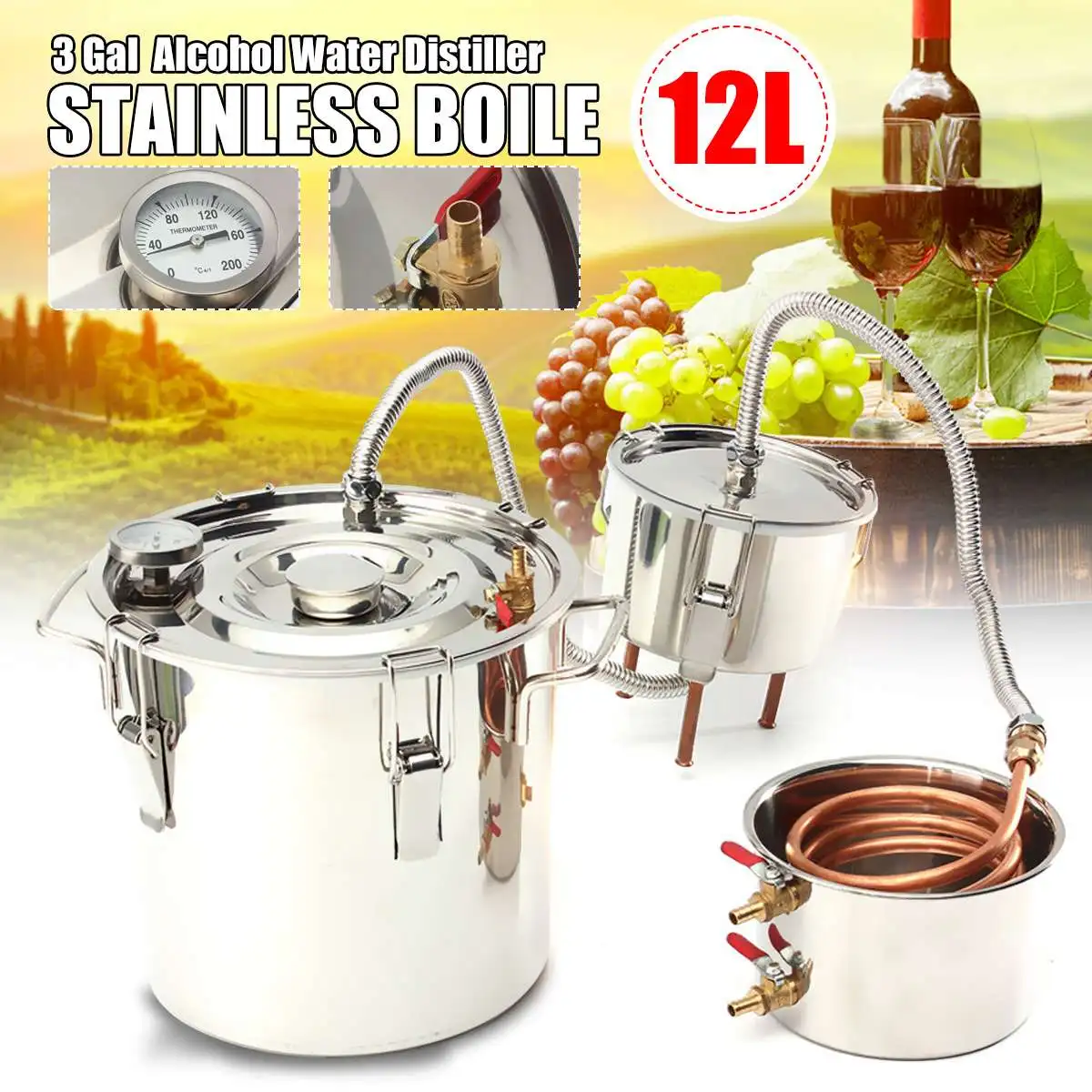 12L Distiller Moonshine Alcohol Still Stainless Copper DIY Home Brew Water Wine Essential Oil Brewing Boiler Kit+Condenser Keg
12L Distiller Moonshine Alcohol Still Stainless Copper DIY Home Brew Water Wine Essential Oil Brewing Boiler Kit+Condenser Keg