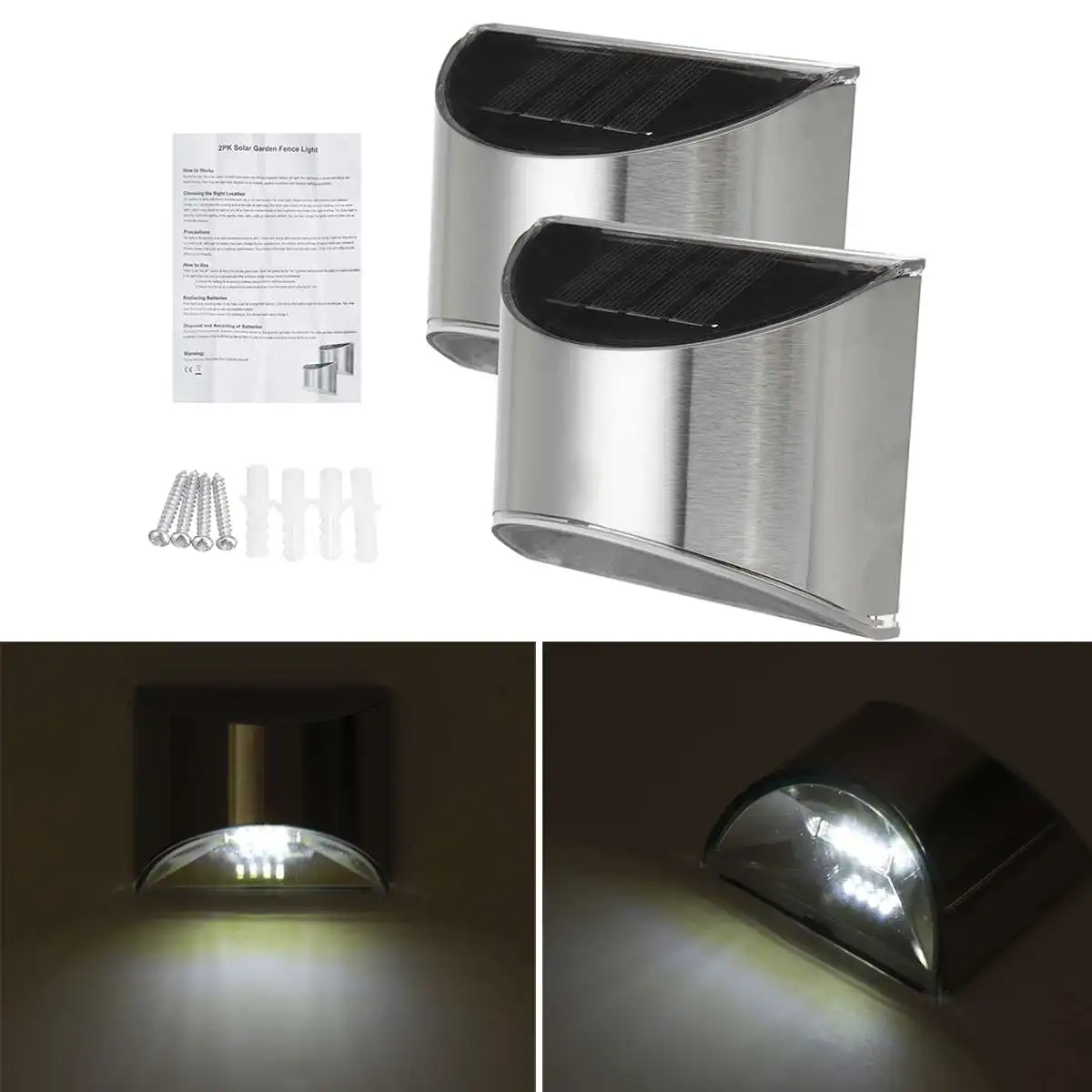 2pc Solar Powered Wall Lights Outdoor Step Stair Lamps Waterproof Stainless Steel Shell Lighting For Garden Wall Fence Stair