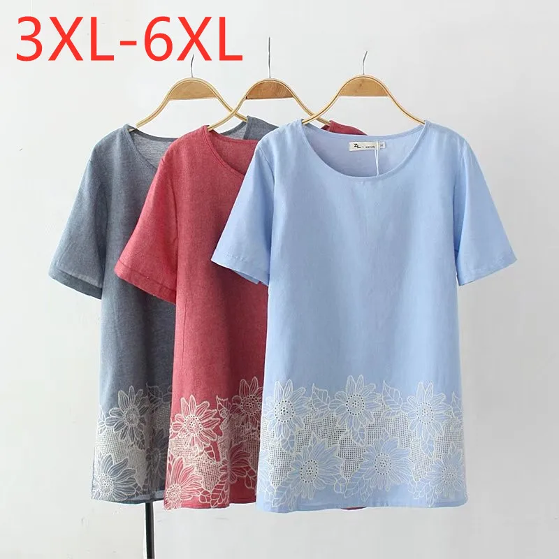 New 2021 Ladies Summer Plus Size Tops For Women Large Short Sleeve Loose Cotton Linen Blue Embroidery T-Shirt 3XL 4XL 5XL 6XL
New 2021 Ladies Summer Plus Size Tops For Women Large Short Sleeve Loose Cotton Linen Blue Embroidery T-Shirt 3XL 4XL 5XL 6XL