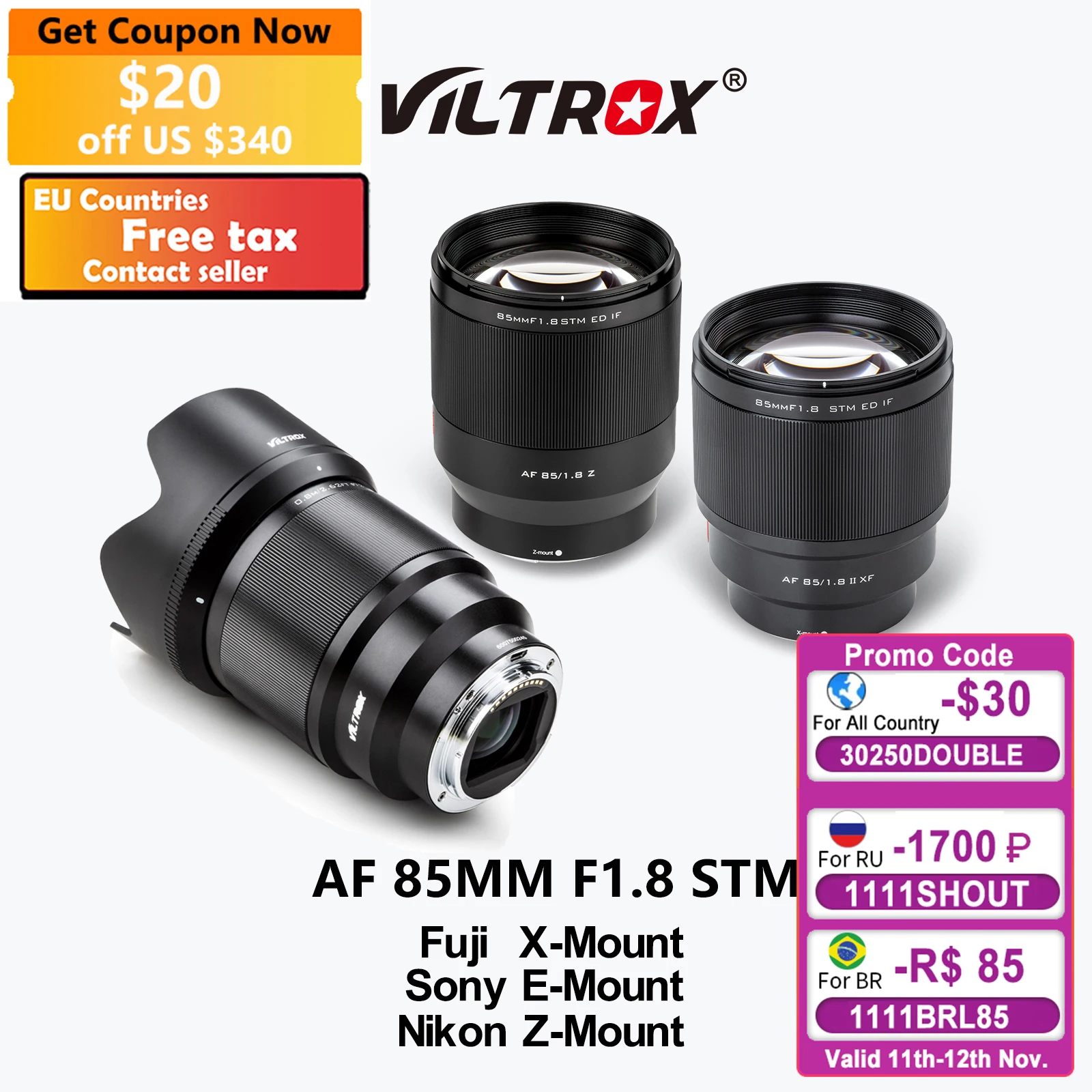 VILTROX 85mm F1.8 II STM AF Auto Focus Prime Lens Portrait for fujifilm X Mount Sony E Mount Nikon Z Mount Camera Telephoto Lens
VILTROX 85mm F1.8 II STM AF Auto Focus Prime Lens Portrait for fujifilm X Mount Sony E Mount Nikon Z Mount Camera Telephoto Lens