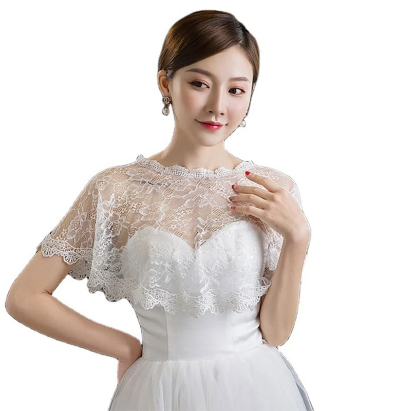 

Womens Embroidery Floral Lace Shawl Wrap Wedding Bridal Bolero Flapper Cover Up See-Through Prom High Low Shrug Cape Tulle W0YA