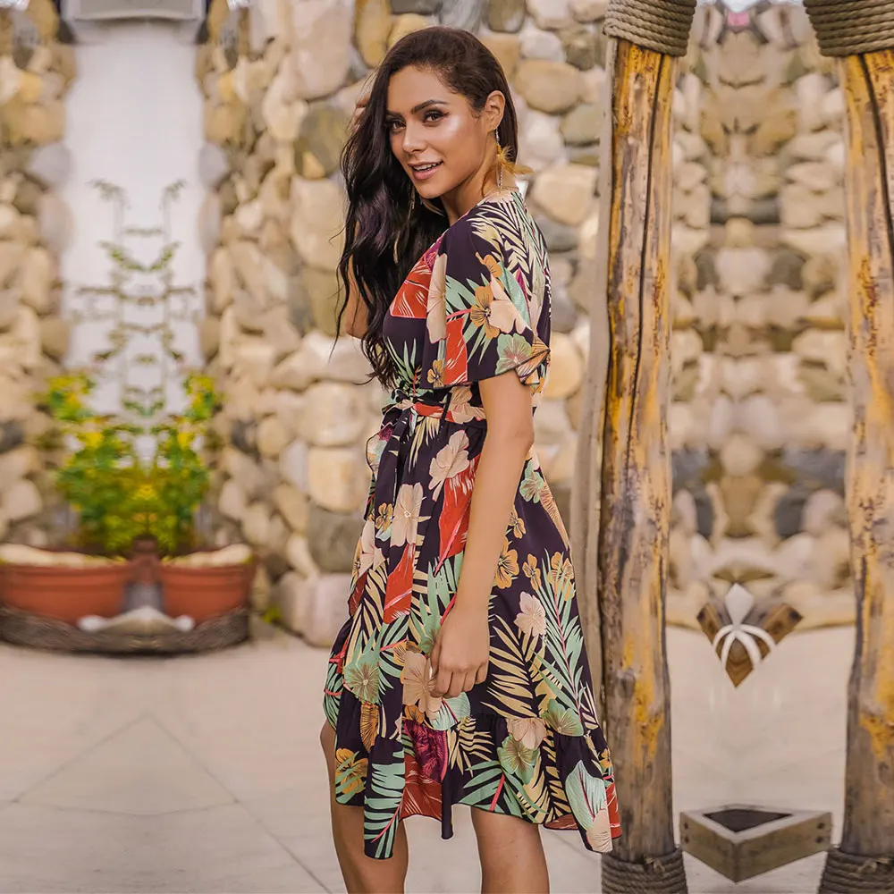 2021 Spring Summer New Floral Dress Women V Neck Butterfly Sleeve High Waist Print Knee Length Asymmetrical Dresses Ladies 
2021 Spring Summer New Floral Dress Women V Neck Butterfly Sleeve High Waist Print Knee Length Asymmetrical Dresses Ladies