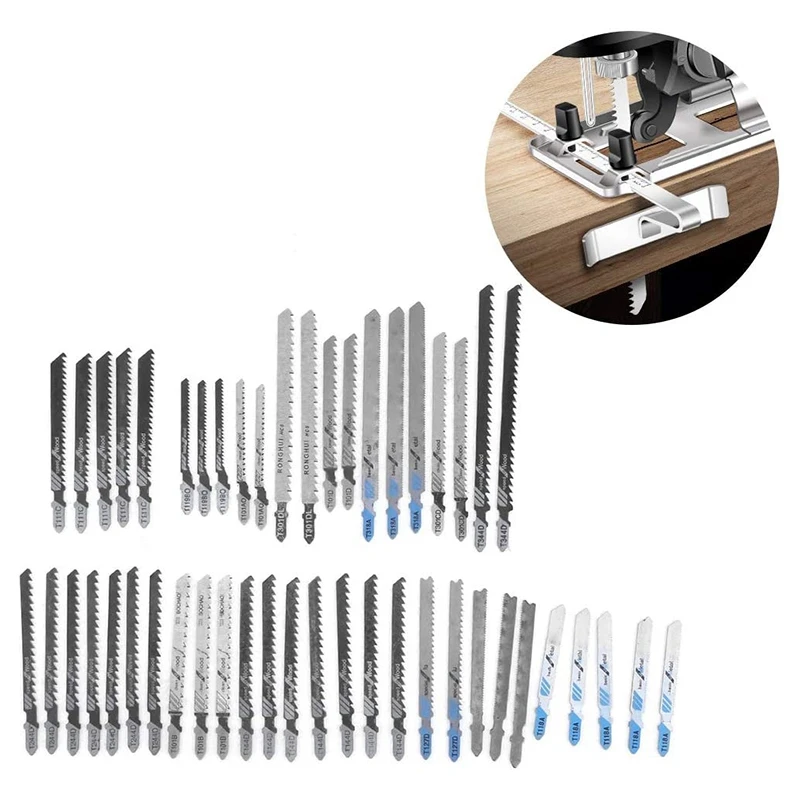 48 Pcs T-Shank Jig Saw Blades Set HSS Universal Fine Middle Tooth Kit Cutting Tools for Wood Plastic and Metal Cutting
48 Pcs T-Shank Jig Saw Blades Set HSS Universal Fine Middle Tooth Kit Cutting Tools for Wood Plastic and Metal Cutting