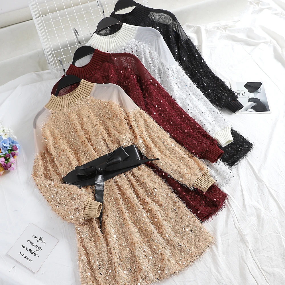 Women Lantern Sleeve Tassels Bling Sequined Ruffles PU Belt Bow Dress Vintage Bandage Strap Short Elastic Pullover Mini Dresses
Women Lantern Sleeve Tassels Bling Sequined Ruffles PU Belt Bow Dress Vintage Bandage Strap Short Elastic Pullover Mini Dresses