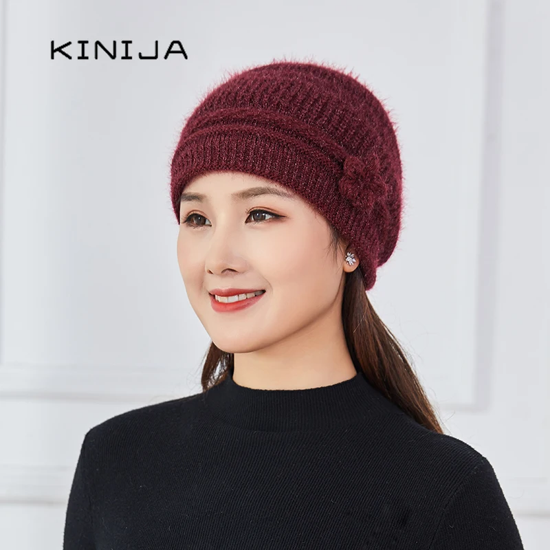 

New Winter Mother's Beanies Hat Women Warm Thick Skullies Gorras Stripes Cap Mask set flower decorate Knitted wool hat