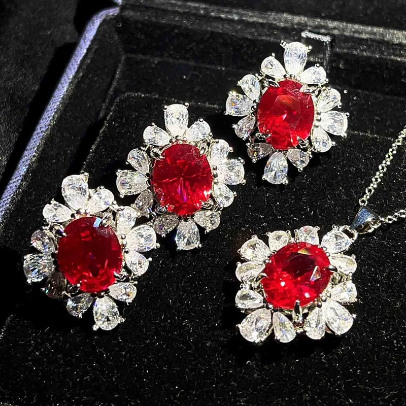 

Vintage Charm Flower Pendant Necklace Inlay Oval Red Zircon Luxury Jewelry Earrings Eternity Wedding Ring For Women Bijoux Femme