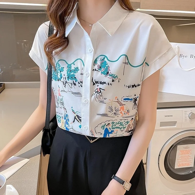 Chiffon Slim Women's Blouses New Casual Blouse Fashion Short Sleeve Shirts Hand Painted Pocket Buttons V-neck Shirt Summer
Chiffon Slim Women's Blouses New Casual Blouse Fashion Short Sleeve Shirts Hand Painted Pocket Buttons V-neck Shirt Summer