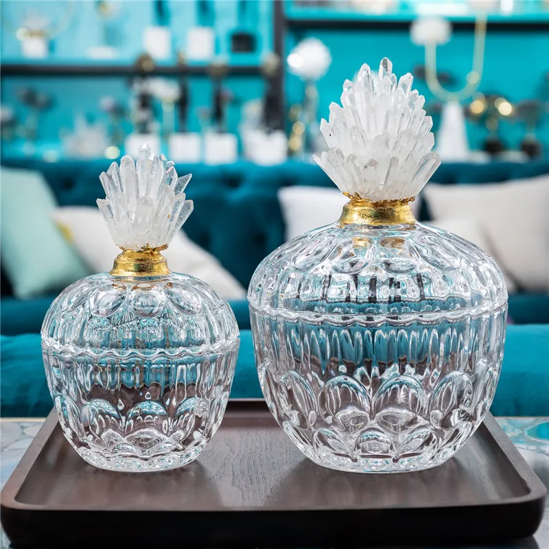 Candy storage jar with Amethyst Clear Quartz cluster cover Desktop Ornaments Home Decor Dried Fruit storege box Crytal Healing 
Candy storage jar with Amethyst Clear Quartz cluster cover Desktop Ornaments Home Decor Dried Fruit storege box Crytal Healing