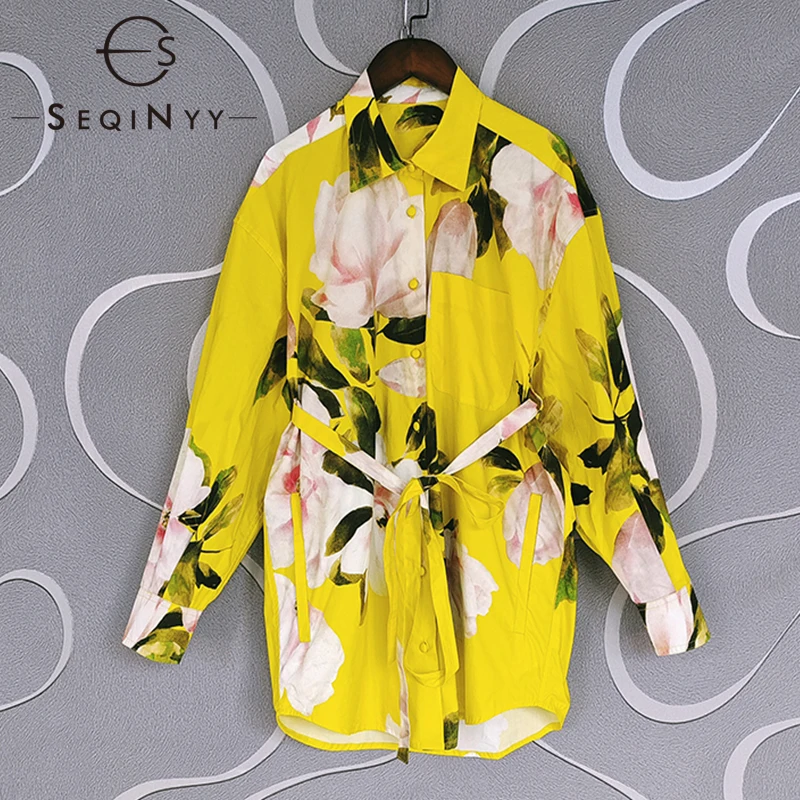 SEQINYY Summer Spring Shirt New Fashion Design Women Pink Flowers Printed Belt Long Yellow Top High Quality 100% Cotton
SEQINYY Summer Spring Shirt New Fashion Design Women Pink Flowers Printed Belt Long Yellow Top High Quality 100% Cotton