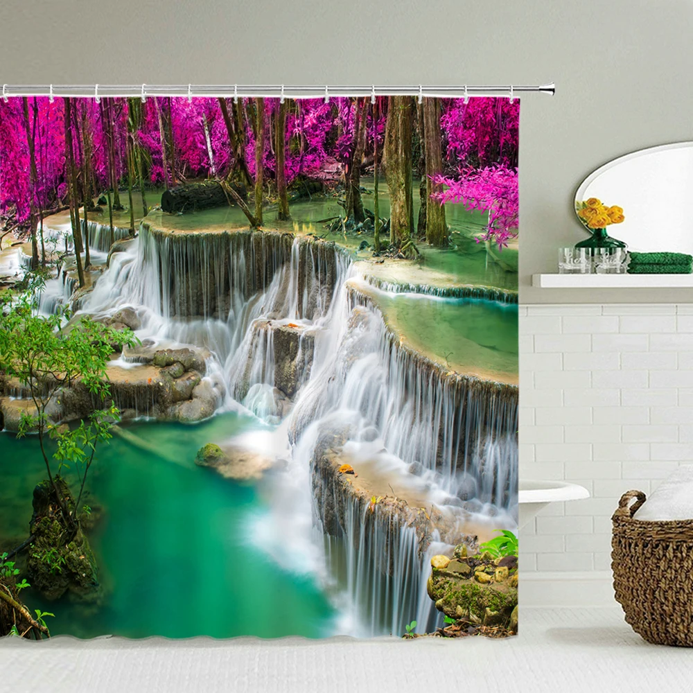 

Landscape Forest Waterfall Shower Curtain Waterproof Fabric 3D Print Natural Scenery Bathroom Curtain 240X180 Bath Curtains