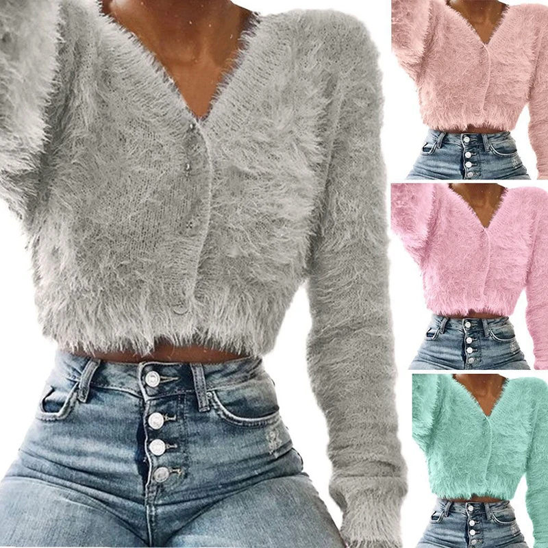 Autumn Winter New Fashion B Neck Long Sleeve Mohair Women's Sweatshirt Casual Hairy Solid Loose Hairy Buttons Ladies Short Tops
Autumn Winter New Fashion B Neck Long Sleeve Mohair Women's Sweatshirt Casual Hairy Solid Loose Hairy Buttons Ladies Short Tops