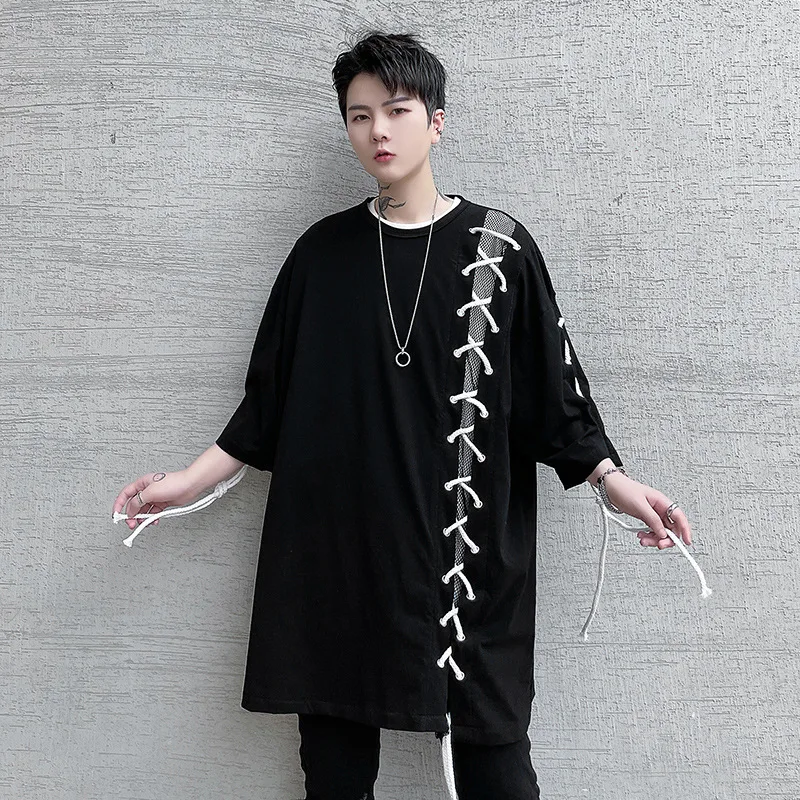 Men's loose trend cross tie rope short-sleeved T-shirt young men's streetwear hip-hop punk casual top big T-shirt men clothing 
Men's loose trend cross tie rope short-sleeved T-shirt young men's streetwear hip-hop punk casual top big T-shirt men clothing