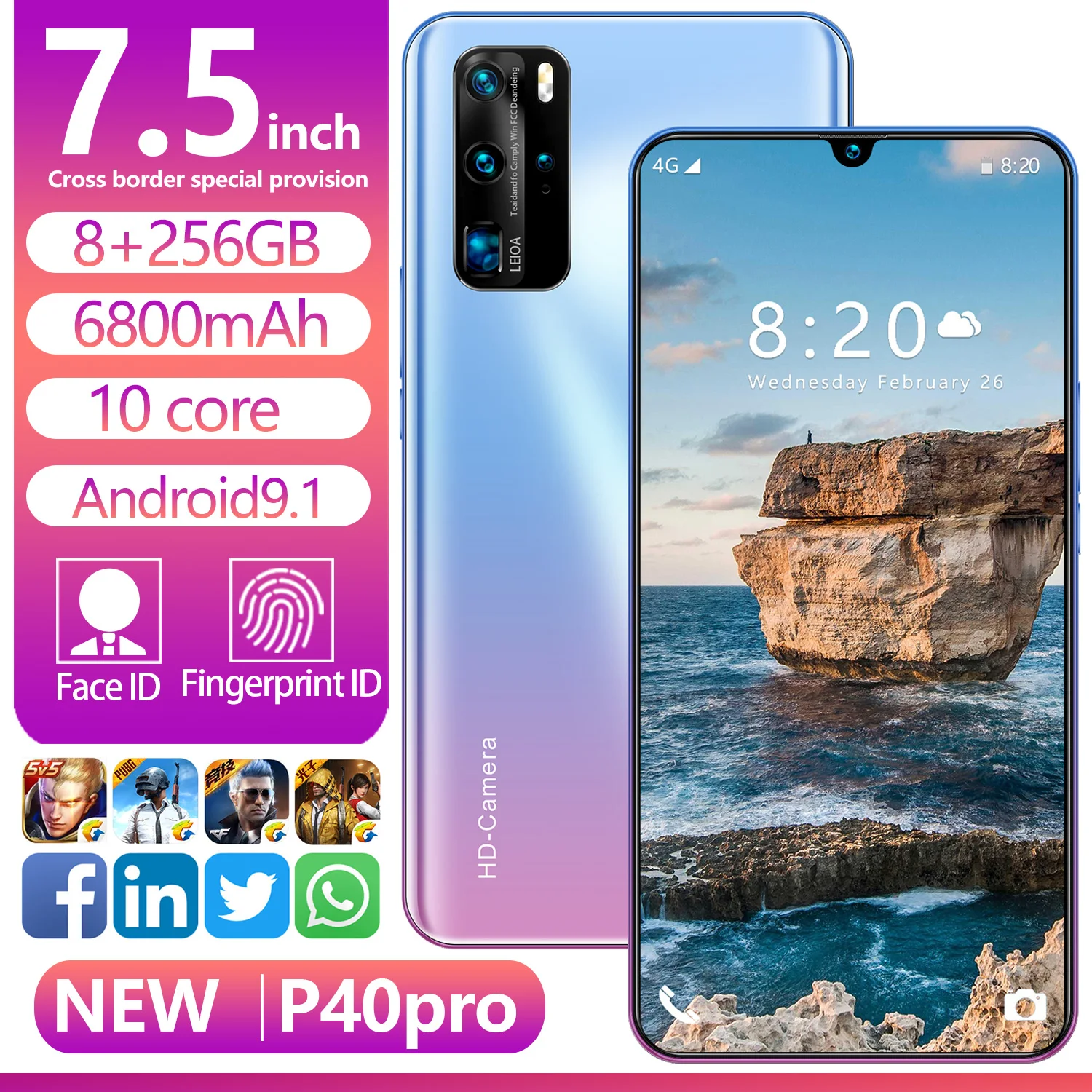 New 2021 P40Pro 7.5 Inch 8+256GB Core Andriod 9.1 SmartPhone Global Version 5G Network 8+16MP Camera 6800mAh Dual SIM Cellphones
New 2021 P40Pro 7.5 Inch 8+256GB Core Andriod 9.1 SmartPhone Global Version 5G Network 8+16MP Camera 6800mAh Dual SIM Cellphones