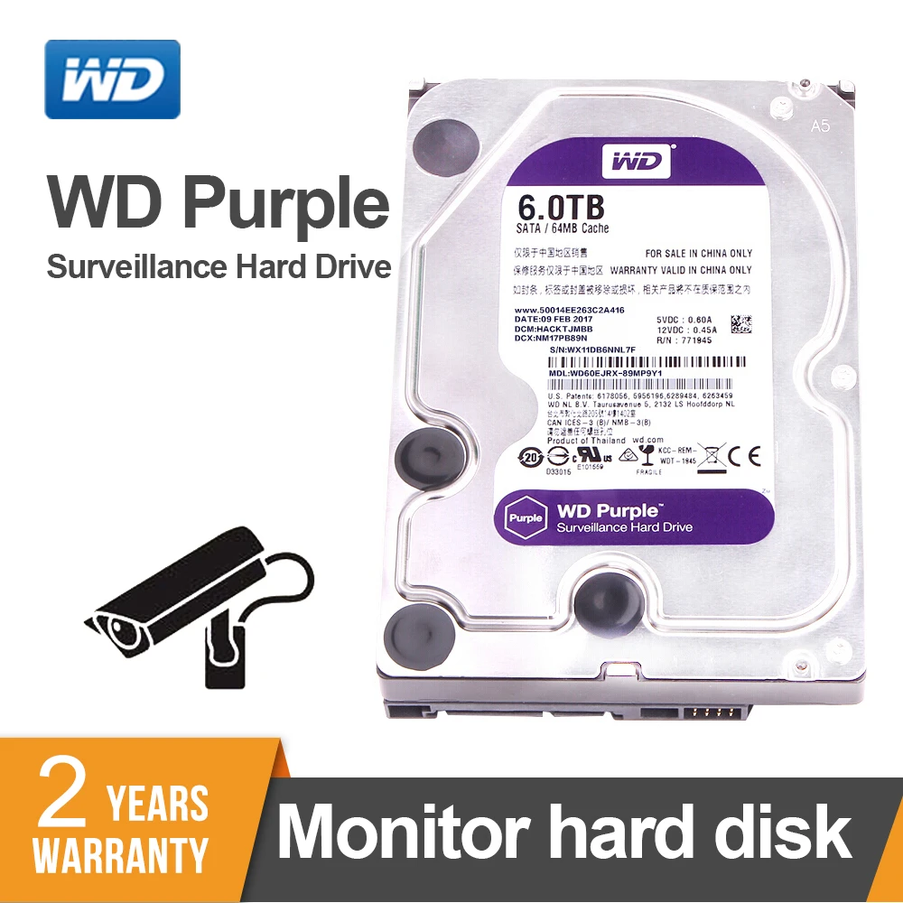 

Жесткий диск WD Purple 6 ТБ HDD для наблюдения, SATA 6,0 ГБ/сек. 3,5 ", внутренний жесткий диск для камеры cctv, AHD, DVR, IP-камера, NVR WD60EJRX